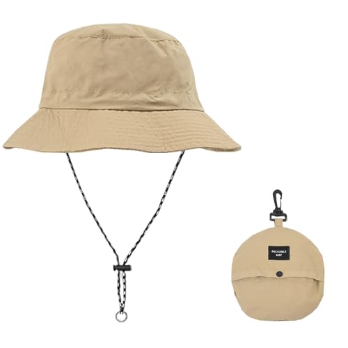 Waterproof Bucket Rain Hat with Chin Strap, Packable Sun Hat for Men Women Summer Lightweight Hiking Fishing Cap - color: Khaki