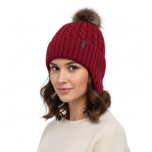 Comhats Wool Beanie with Ear Flaps and Removable Pompom, Winter Warm Hat - color: 95566a_red