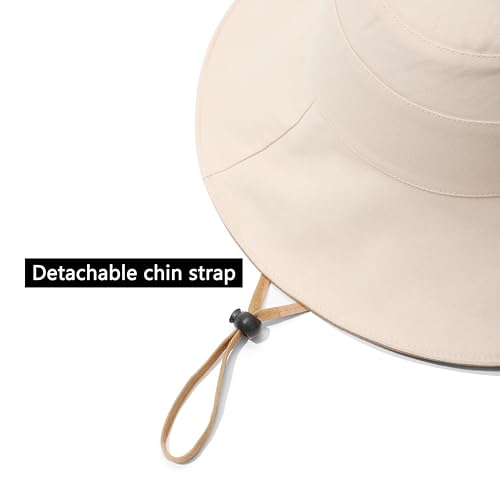 Womens Foldable Shapeable Brim Sun Hat UPF 50+ Cotton Wide Brim Beach Adjustable Chin Strap Hat Sun Protection Cap - color: Beige
