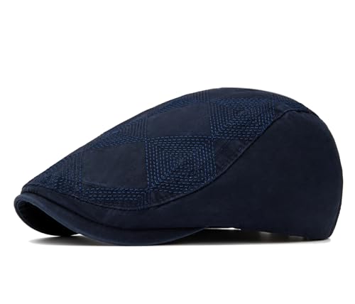 Quanhaigou Men's Cotton Flat Ivy Gatsby Newsboy Driving Hat Adjustable Irish Cabbie Ivy Driving Hunting Cap - color: Plaid Embroidered Navy