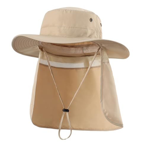 Home Prefer UPF50 Mens Sun Hat with Neck Flap Quick Dry UV Protection Cap Womens Wide Brim Fishing Hat Neck Flap Beach Garden - color: Light Khaki
