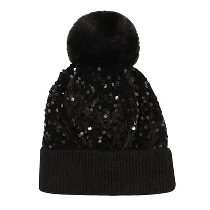 Women Sparkly Sequins Knitted Beanie Hat Warm Winter Skull Cap with Faux Fur Pom Pom - color: X Black With Knit Cuffs