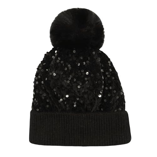 Women Sparkly Sequins Knitted Beanie Hat Warm Winter Skull Cap with Faux Fur Pom Pom - color: X Black With Knit Cuffs