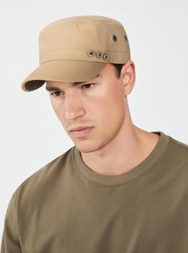 Initlove Cadet Army Cap Military Unisex Flat Top Hat for Men Women - color: 3 Button Beige