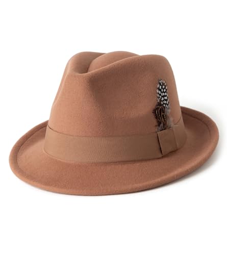 Lisianthus Short Brim Fedora Unisex Trilby Hat with Feather Band - color: Khaki