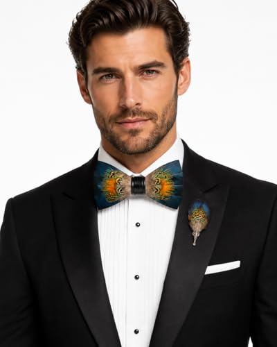 RBOCOTT Handmade Feather Pre-tied Bow tie and Brooch Sets for Men - color: Peacock Blue/Yellow