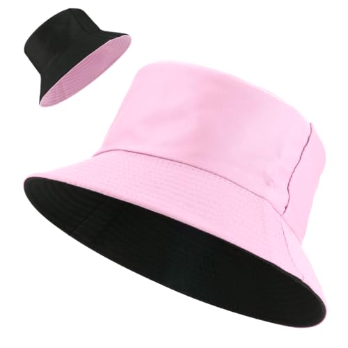 Bucket Hat for Women Men, Summer Sun Hats Foldable Reversible Fishing Hat Beach Hats for Outdoor Hiking Travel - color: Pink/Black