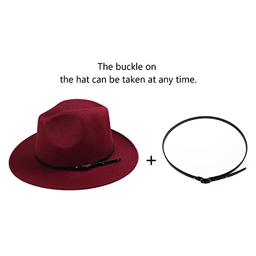 DRESHOW Women Classic Felt Fedora Wide Brim Floppy with Belt Buckle Panama Hat - color: 1 Pack: Felt Fedora Wine Red