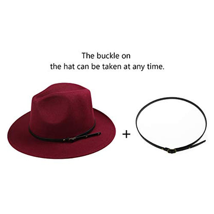 DRESHOW Women Classic Felt Fedora Wide Brim Floppy with Belt Buckle Panama Hat - color: 1 Pack: Felt Fedora Wine Red