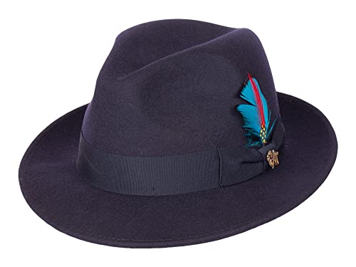 Bigalli Milano Hat Classic Mens Fedora Hat 100% Wool Felt Crushable Center Dent Water Repellent | Grosgrain Ribbon - color: Navy, size: Small