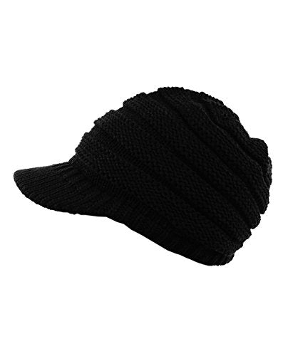 C.C Warm & Thick Cable Knitted Brim Visor Beanie Cap - color: Black