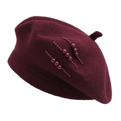 ZLYC Women French Beret Hat Winter Knitted Stretchable Beret Artist Cap - color: Side Pearls Burgundy