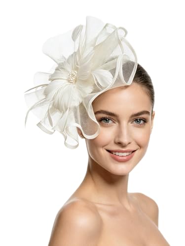 SAFERIN Fascinator for Women Hair Clip Hat Bowler Feather Flower Veil Wedding Party Hat Tea Hat - color: Ta1-beige