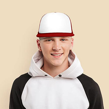 DALIX Flat Billed Trucker Hat Mesh Back S M L Adjustable Cap Solid Two Toned Snapback - color: Red-white, size: One Size