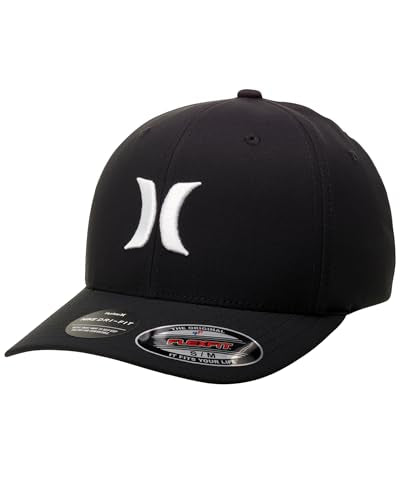 Hurley Mens Baseball Cap Curved Brim Moisture Wicking Flexfit Fitted Hats - color: Black/White, size: Large-X-Large