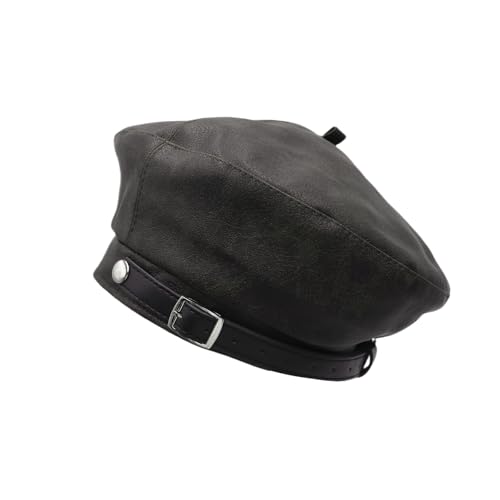 MINGSEECESS Women PU Leather French Black Beret Hat Causal Beanie Hat - color: Belt-brown
