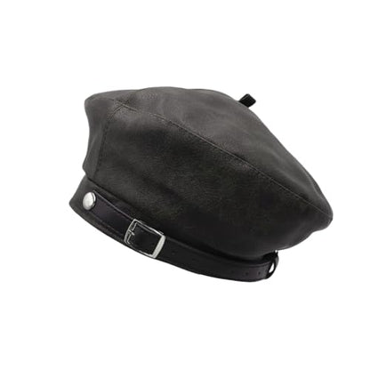 MINGSEECESS Women PU Leather French Black Beret Hat Causal Beanie Hat - color: Belt-brown