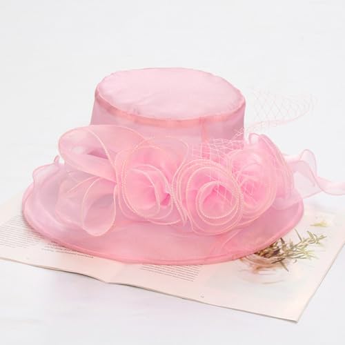 Women's Kentucky Derby Church Dress Hat Wide Brim Leaf Flower Bridal Shower Hat - color: A7 Pink