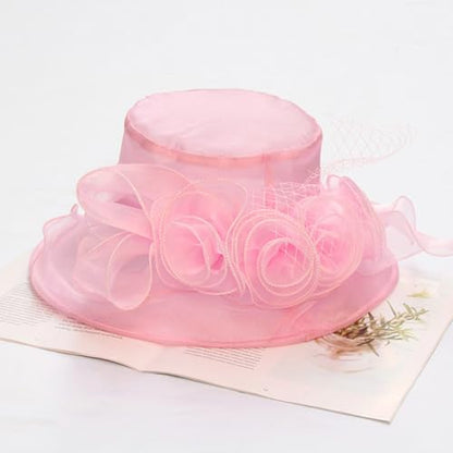 Women's Kentucky Derby Church Dress Hat Wide Brim Leaf Flower Bridal Shower Hat - color: A7 Pink