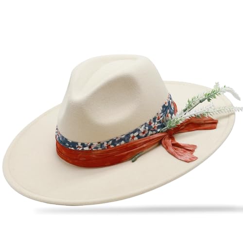 OIERFE Fedora Hat for Men & Women - 3.34 Inch Wide Brim Hat for Outdoor,Original Design Felt Hat with Gift Ready Packaging - color: Beige