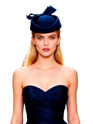 Wool Felt Vintage Fascinator Winter Women Elegant Pillbox Hat Bowknot Derby Church Hat Retro Fedoras - color: Navy Blue