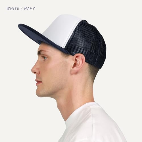 CHOK.LIDS Blank Foam Trucker Hat, Retro Mesh Rope Snapback Cap, Men Women - color: Flat Brim (White/Light Pink)