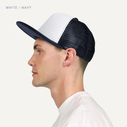 CHOK.LIDS Blank Foam Trucker Hat, Retro Mesh Rope Snapback Cap, Men Women - color: Flat Brim (White/Light Pink)