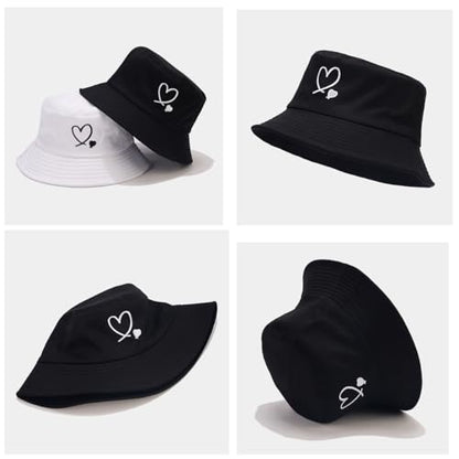XYIYI 2 Pack Unisex Bucket Hat for Women Men Summer Beach Fishing Hat Sun Hat - color: Double Heart Black White