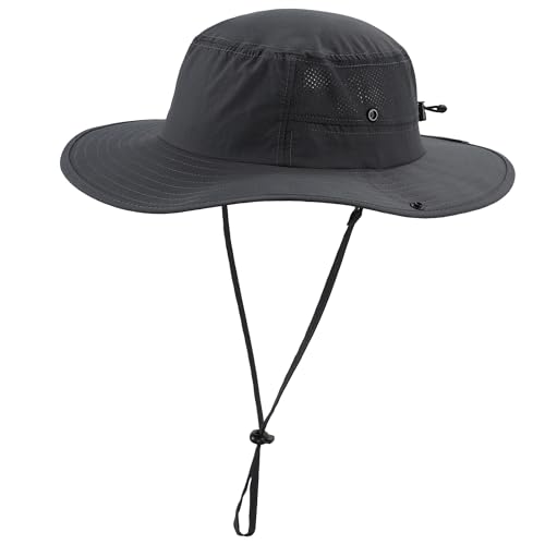 Home Prefer UPF50+ Mens Sun Hat Wide Brim Womens UV Protection Beach Bucket Hat for Fishing Hiking Snap Up Cowboy Hat - color: Dark Grey
