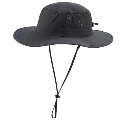 Home Prefer UPF50+ Mens Sun Hat Wide Brim Womens UV Protection Beach Bucket Hat for Fishing Hiking Snap Up Cowboy Hat - color: Dark Grey
