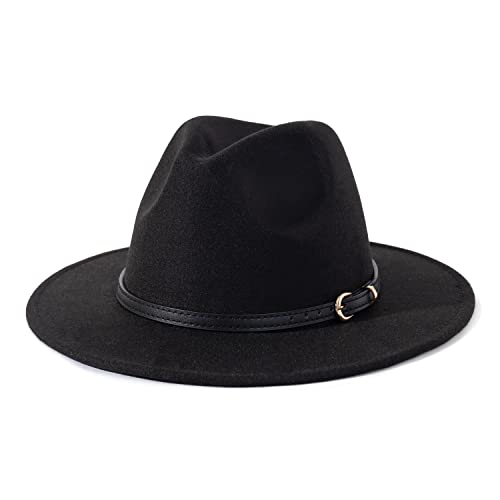 Lisianthus Women Classic Felt Fedora Wide Brim Hat with Belt Buckle - color: Q Black Belt-black