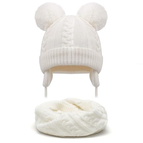 Duoyeree Toddler Winter Hat, Earflap Double Pom Pom Knit Beanie 0-36M - color: 1-white, size: 0-6 Months