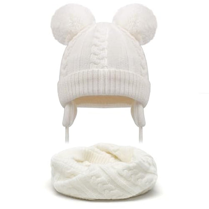 Duoyeree Toddler Winter Hat, Earflap Double Pom Pom Knit Beanie 0-36M - color: 1-white, size: 12-36 Months