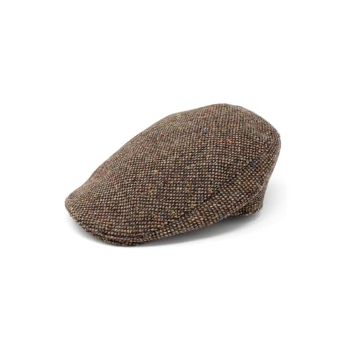 Hanna Hats Traditional Tweed Wool Donegal Touring Cap. Unisex Ivy Hat. Sewn Peak and Taffeta Lining. 100% Made in Ireland. - color: Brown Fleck, size: Large
