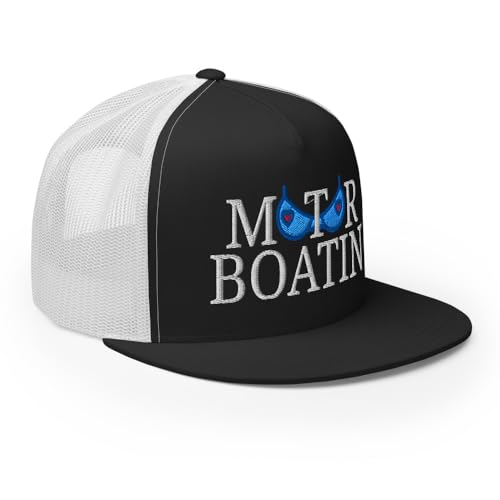NX Motor Boatin Embroidered Flat Bill Trucker Hat High Crown Snapback Cap - color: Black/ White