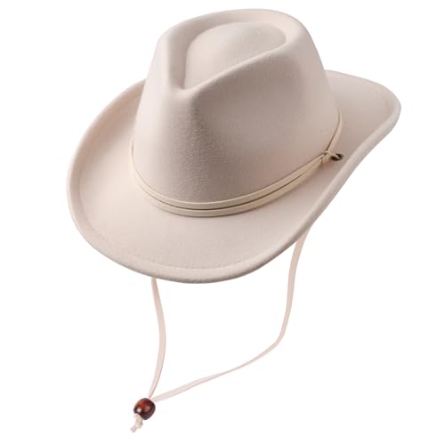 AQOKKA Cowboy Hat Wide Brim Western Cowgirl Hat with Buckle Belt Felt Fedora Cowboy Hat for Girl - color: Beige