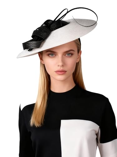 Vintage Fascinators Pillbox Hat for Women Straw Fedora Wide Brim Ladies Church Sinamay Derby Hats - color: Black White