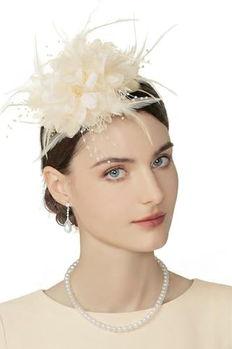 BABEYOND Flower Feather Beads Fascinator Headband for Women Derby Headpiece - color: Beige