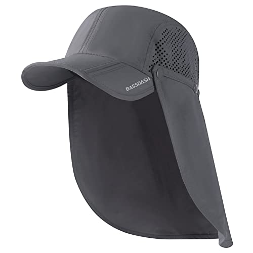 BASSDASH UPF 50+ Fishing Hat, Baseball Cap with Removable Neck Flap - color: Dark Grey With Foldable Brim