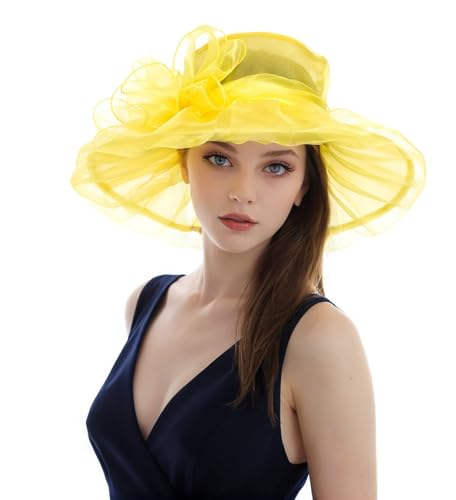Derby Hats for Women 2026 Women's Elegant Organza Kentucky Fascinator for Church, Tea Party, Weddings Hats - color: H01-yellow