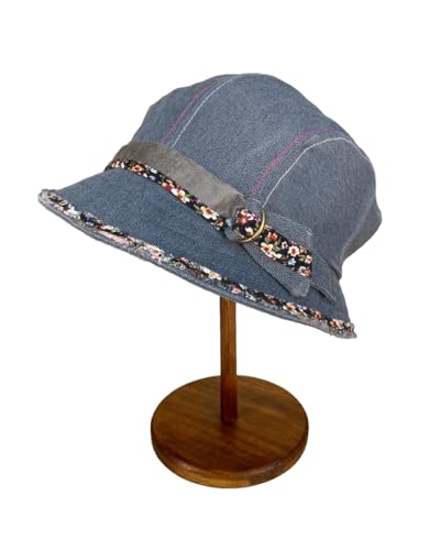 Women Denim Bucket Hat Brim with Floral Foldable Versatile Cap - color: Blue