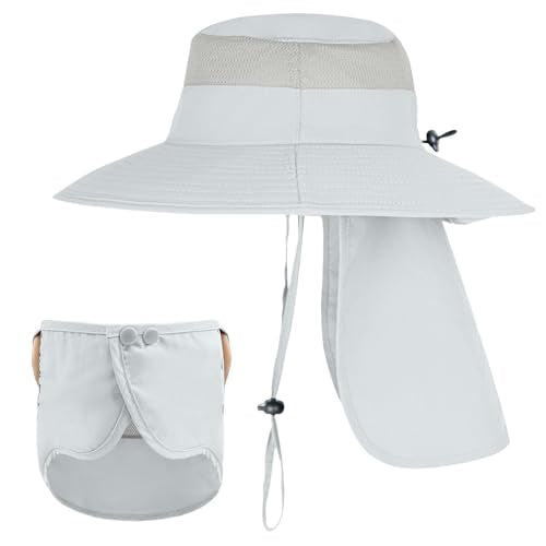 ZOORON Sun Hats for Men Women with Neck Flap Fishing UPF 50+ UV Protection - color: Light Grey (With Face Cover)