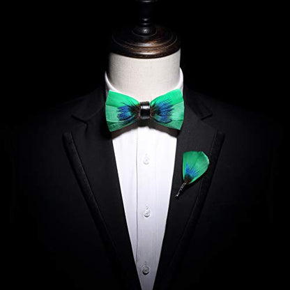RBOCOTT Handmade Feather Pre-tied Bow tie and Brooch Sets for Men - color: Green