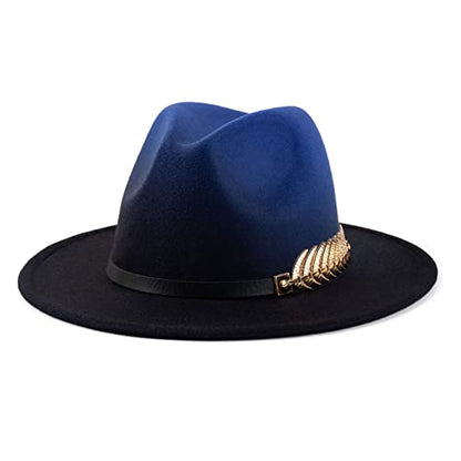 Women Gradient Color Fedora Wide Brim Felt Hat - color: Royal Blue/Black