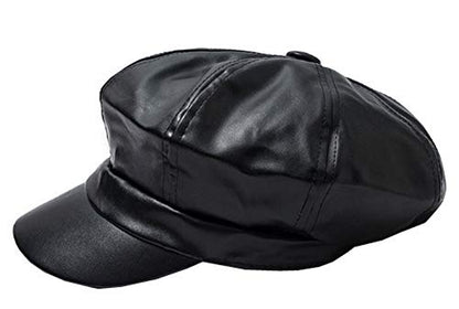 Women PU Leather Newsboy Cabbie Peaked Beret Cap Vintage Baker Boy Visor Hat