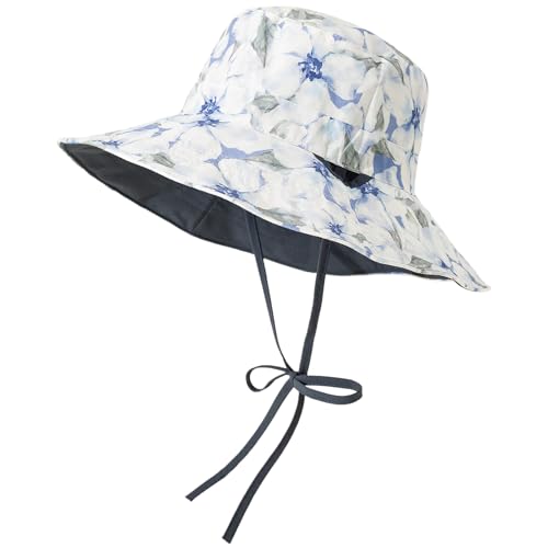 Reversible Floral Pattern Bucket Sun Hats for Women- UPF50+ UV Protection, Foldable Brim, Floppy Beach Hat for Hiking - color: Navy