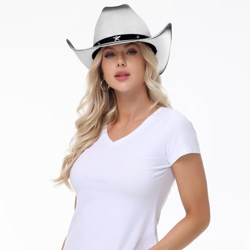 WQWOVRVO Cowboy Hat,Cowgirl hat,Brown Cowboy Hats for Women/Mens Straw Wide with Shapeable Brim Western Cowboy Hat for Womens - color: White & Black Color