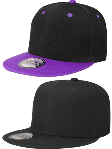 Falari Classic Snapback Hat, 2-Pack, Flat Bill, Adjustable Size, Hip Hop Style - color: Black & Black/Purple