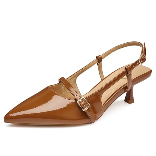 Trary Slingback Heels for Women - Pointed Toe Pumps, Comfortable & Stylish for Parties & Work - 3.2inch High Heels, Rhinestone & Glitter Dressy Shoes - color: Patent Brown-b, size: 7.5
