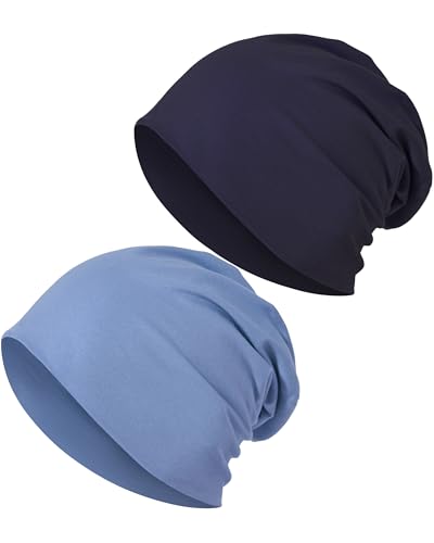 JarseHera 100% Cotton Slouchy Beanie for Women Men Soft Chemo Headwear Set - color: 2 Pcs,denim Blue+navy